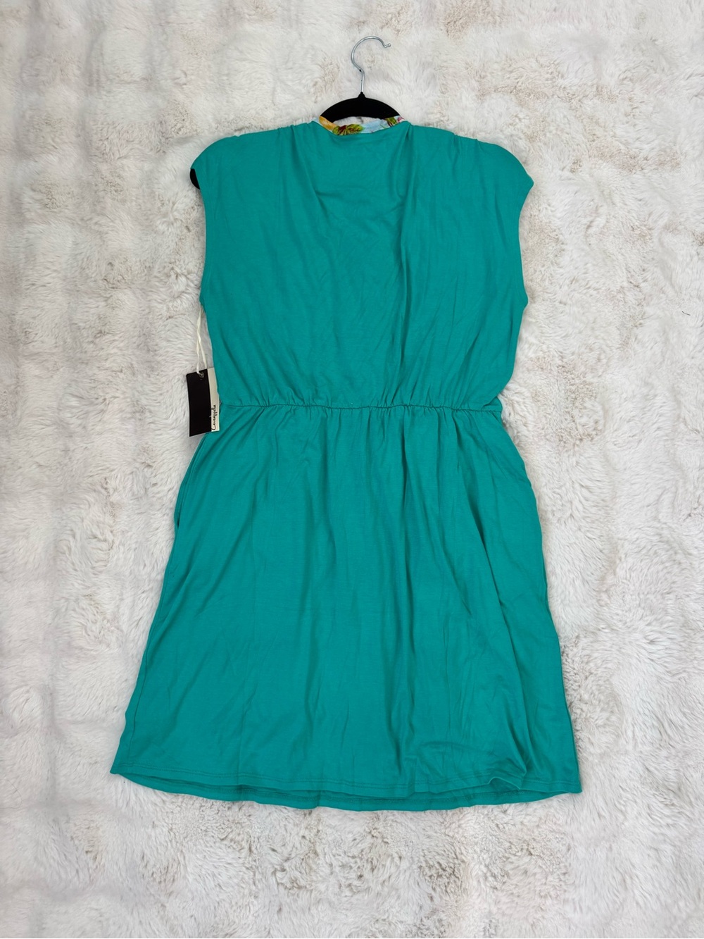 Loveappella Teal Wrap Style Dress with Multicolor Floral Trim - Picture 3 of 6